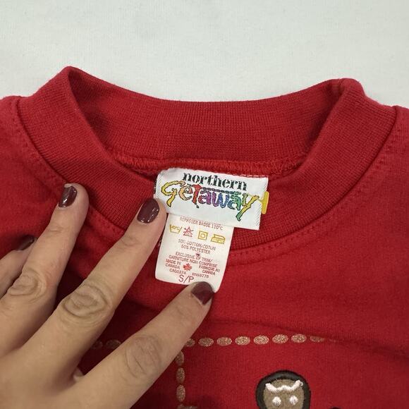 Vintage 90s Christmas Sweatshirt Size S Youth Crewneck Patches Tree Reindeer Red - Picture 3 of 7